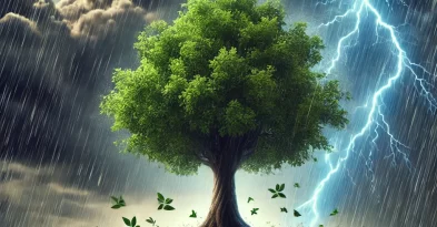 Aqui está a imagem que representa a resiliência: uma árvore forte resistindo a uma tempestade, com raízes firmes e folhas vibrantes, simbolizando crescimento e superação.