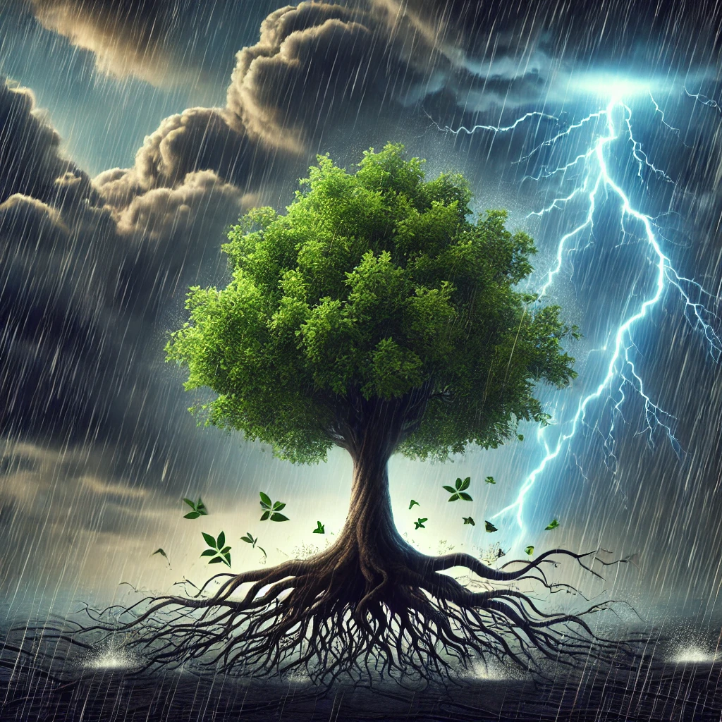 Aqui está a imagem que representa a resiliência: uma árvore forte resistindo a uma tempestade, com raízes firmes e folhas vibrantes, simbolizando crescimento e superação.