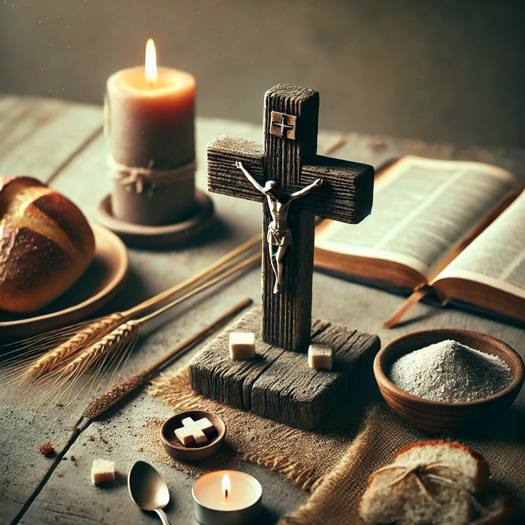 Aqui está a imagem simbólica que remete ao conceito de Quaresma, com temas de reflexão, sacrifício e renovação. Ela captura um ambiente sereno e simples, com elementos como a cruz, cinzas, Bíblia e pão, para evocar o espírito dessa época.